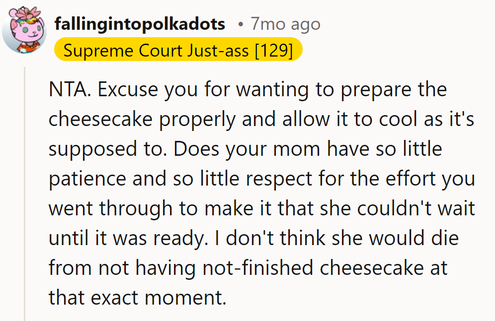 NTA. Perhaps a side of patience would complement the cheesecake better next time.