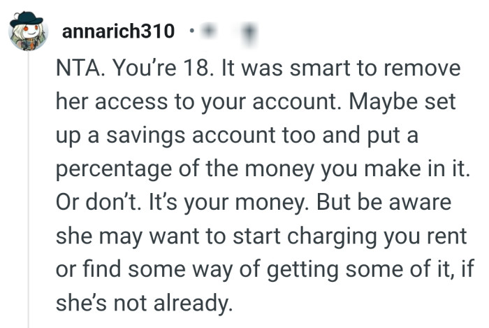 She may want to start charging the OP rent