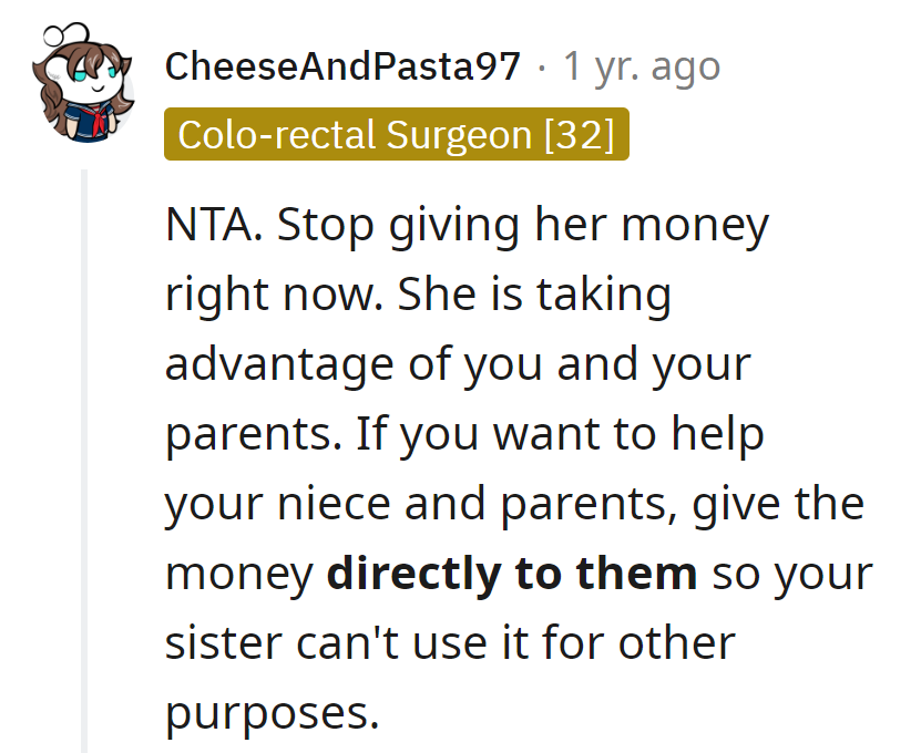 Cut the cash; she's a pro at the sister hustle. Send funds straight to Rhu and the parents.