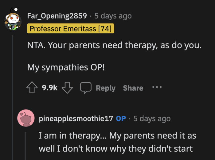 OP Is Also Confused Why Her Parents Put Her Through Therapy but Won't Do the Same for Themselves