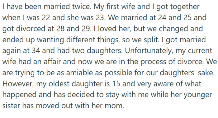 OP had a marriage before the current one, and they parted on good terms