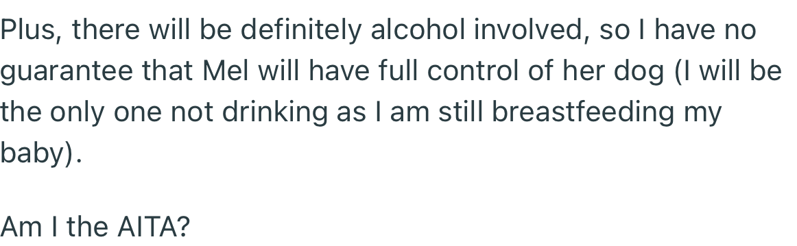 The fact that there would be alcohol during the holiday period makes OP more concerned that her friend might have little control over the dog