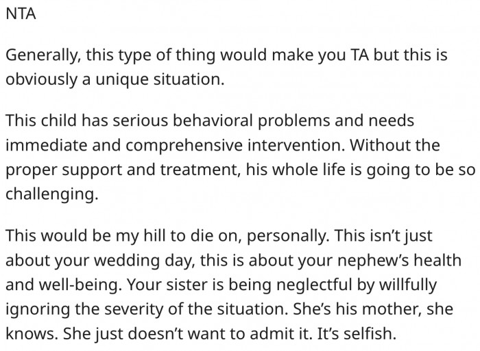 4. Her nephew has behavioral issues that should be dealt with.