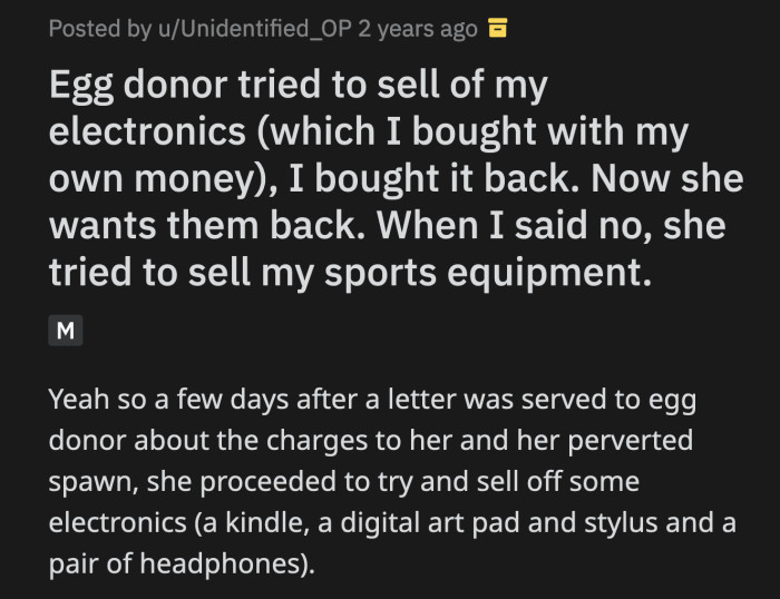 OP, her dad, and her lawyer had to go to the club when her mom tried to convince the police that she had OP's consent to sell her equipment.