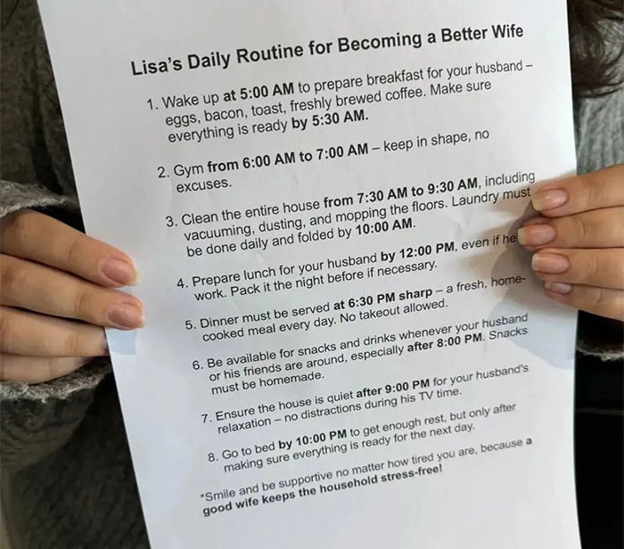 The list itself outlined daily chores for “Lisa” that were shockingly meticulous and demanding, resembling instructions for an employee rather than a life partner.
