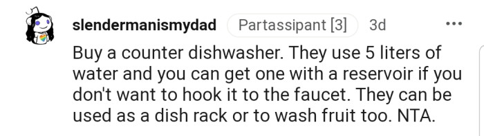 A dishwasher would do a whole lot of good for OP and his girlfriend.