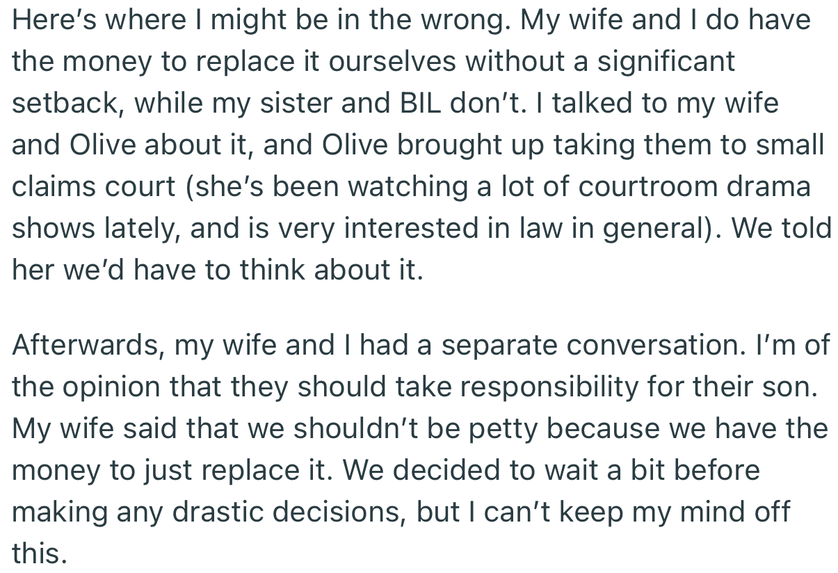 While OP feels their sister should pay, their wife feels they should let it go since the sister’s family isn’t financially able to cough up $350
