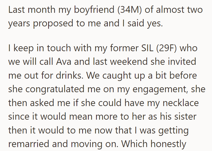 Ava, her former sister-in-law, recently asked for the necklace made from her late husband's rings, valuing its sentimentality.