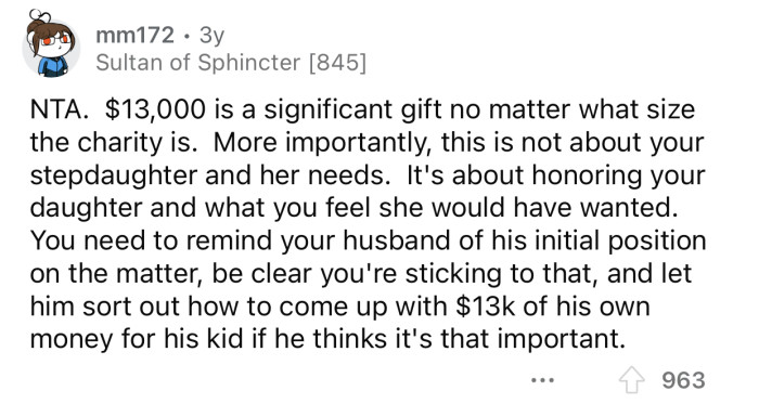The husband can give his daughter a cushion out of his own pocket.