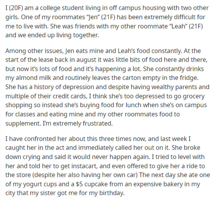 OP's post was pretty self-explanatory, and she explained the situation with her roommate and how she's been using her food and beverages.