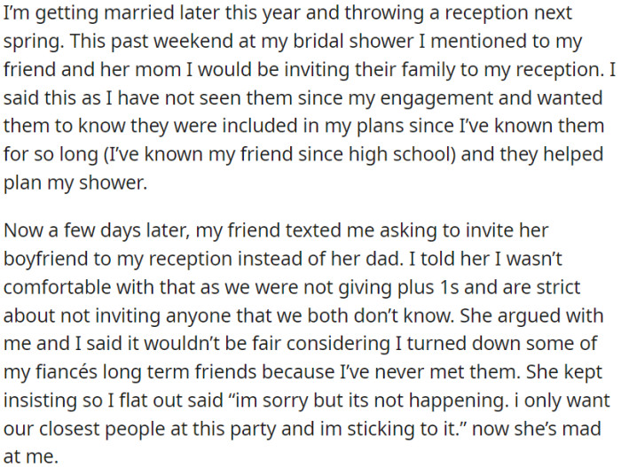 OP will marry this year; OP invited her friend and mom, excluding the friend's boyfriend due to the 