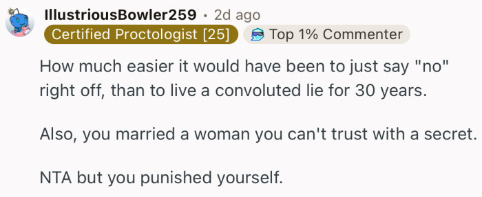 “Also, you married a woman you can't trust with a secret.  NTA but you punished yourself.”