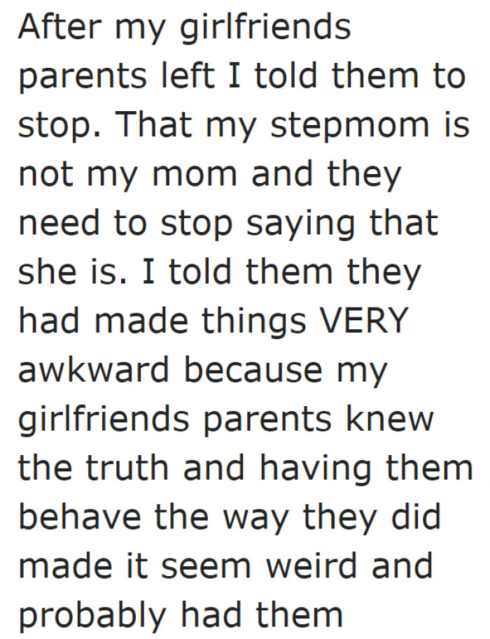 The original poster told his family to stop insisting that his stepmom is his mom.