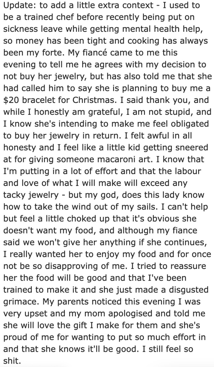 The fiancé thinks the OP is the a-hole for not agreeing to buy jewelry for the FMIL.