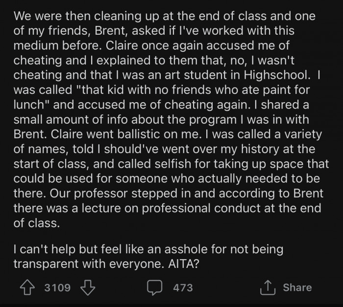 After sharing a small amount of information about her past, OP's classmates did not take the news well.