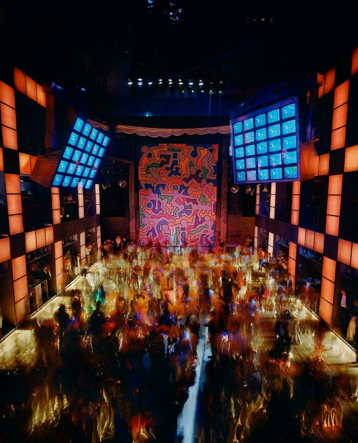 "The Palladium Nightclub In Manhattan, NYC In 1985, The Year It Opened. Designed By Arata Isozaki. Mural Artwork By Keith Haring"