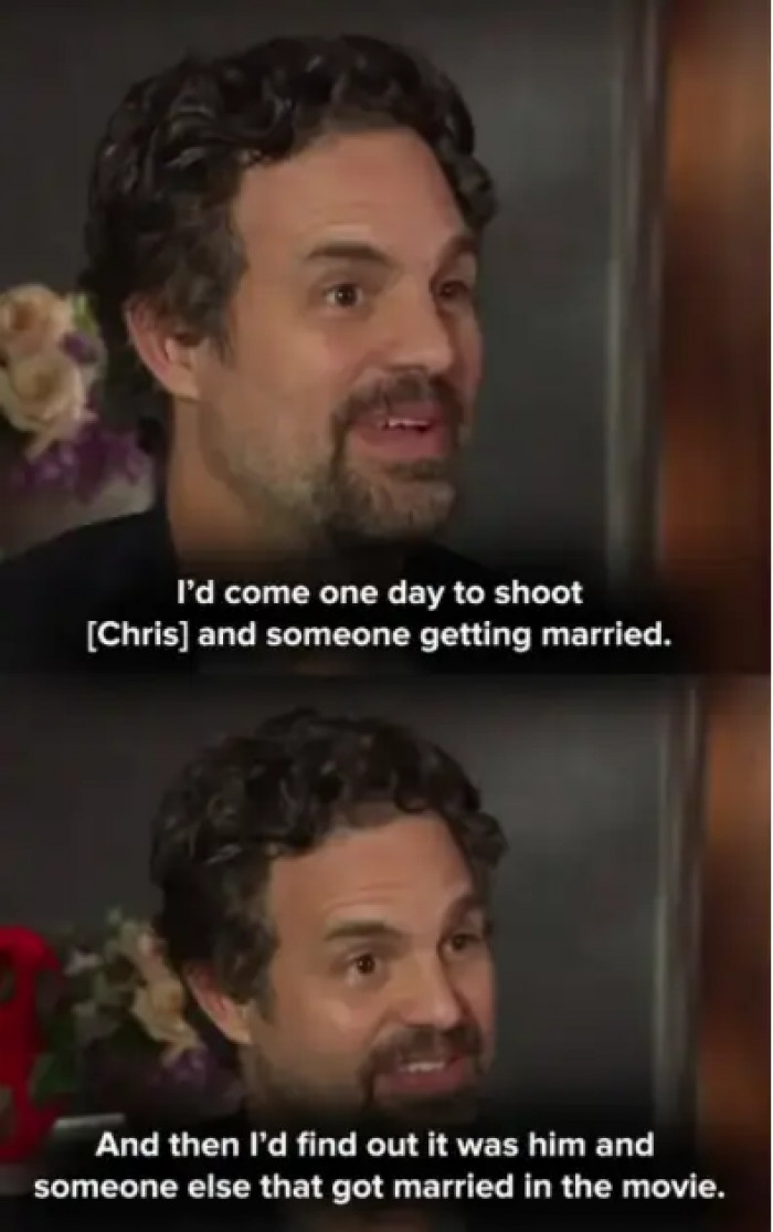 17. In a joint interview with Entertainment Weekly, Mark Ruffalo was narrating the fake scenes in the script he was given for Endgame; he then slipped and said that Captain America was in a relationship when the movie ends.