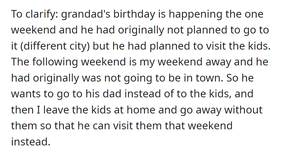 Grandad's birthday coincides with his visit to the kids. He chooses to see his dad instead of the kids, and she considers leaving them at home for his visit.