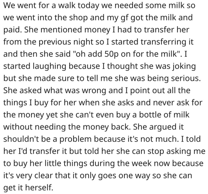 She demanded exact change for milk.