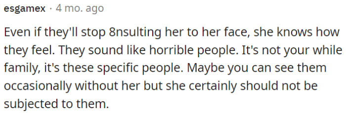 OP's girlfriend shouldn't have to endure insults from those specific individuals in his family.