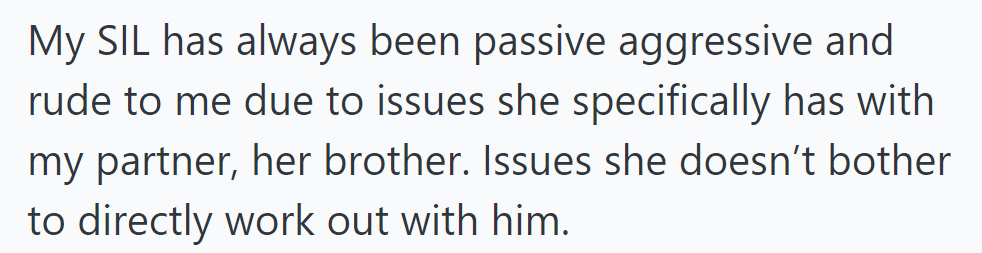 OP's SIL's rudeness stems from her issues with her brother, which she unloads on OP instead of resolving directly.