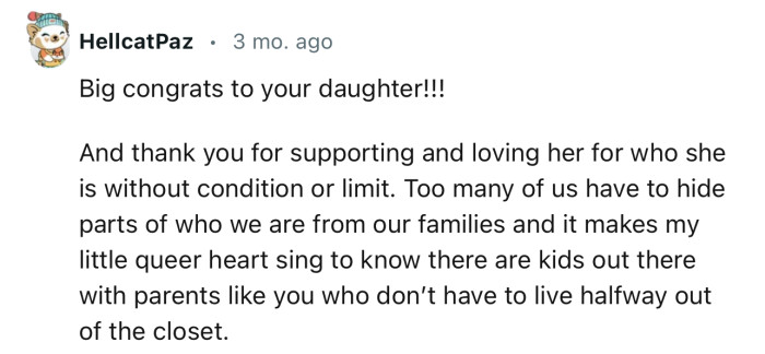“Thank you for supporting and loving her for who she is without condition or limit.”