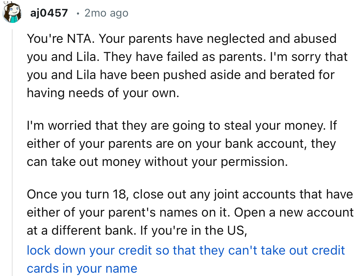 “You're NTA. Your Parents Have Neglected and Abused You and Lila. They Have Failed as Parents.”