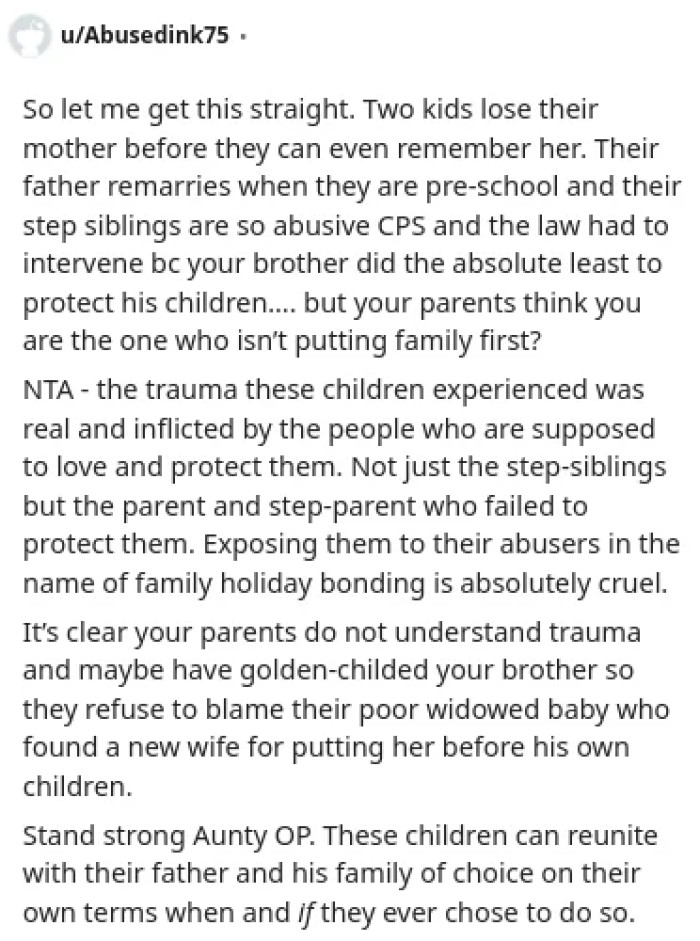 Aunt OP is absolutely right in not allowing abused children to be in the presence of their abusers