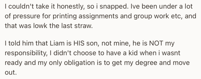 At this point, OP snapped and made it clear that Liam was not his responsibility