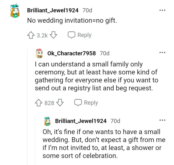 Another Redditor says no wedding invitation equals no gift