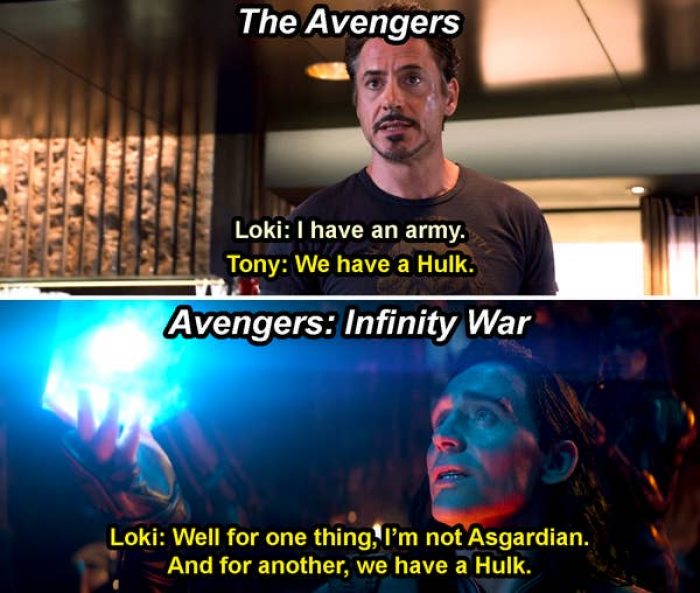 8. In 'Avengers: Infinity War' Loki references a comment from Tony said to him during 'The Avengers'