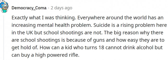 People around the world have mental health issues, but school shootings happen only in the U.S.