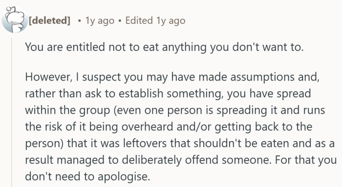 A calm voice in the mix, pointing out that skipping a dish is fine but whispering theories at the table can get messy fast.