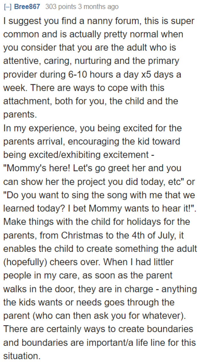 A user suggests looking for a nanny forum. They also provide advice on how to make the boy excited for his parents' arrival.