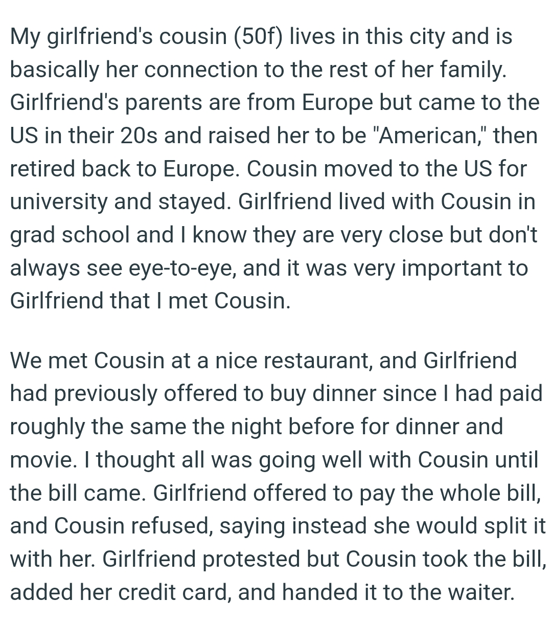 The OP thought all was going well with the GF's cousin until the bill came