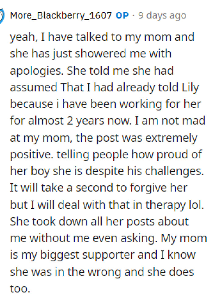 This was OP's response when some people asked about OP's mom and what the post was about.