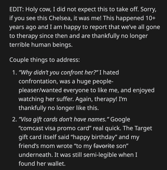 OP realized how petty her actions were 10 years ago