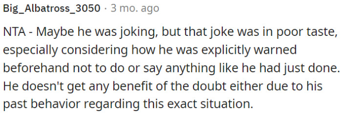 Maybe BIL was jesting, yet the joke was inappropriate, given a prior warning against such remarks.