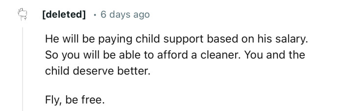 “He Will Be Paying Child Support Based on His Salary. So You Will Be Able to Afford a Cleaner.”