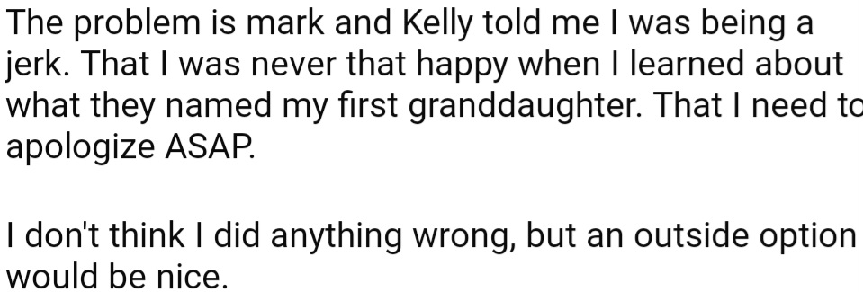 Mark and Kelly Were Upset with OP Because They Could Tell He Was Happier Now Than When They Had Their Own Child. Apparently, They Took a Different Path in Naming Their Child Rather Than Following the Family Tradition.