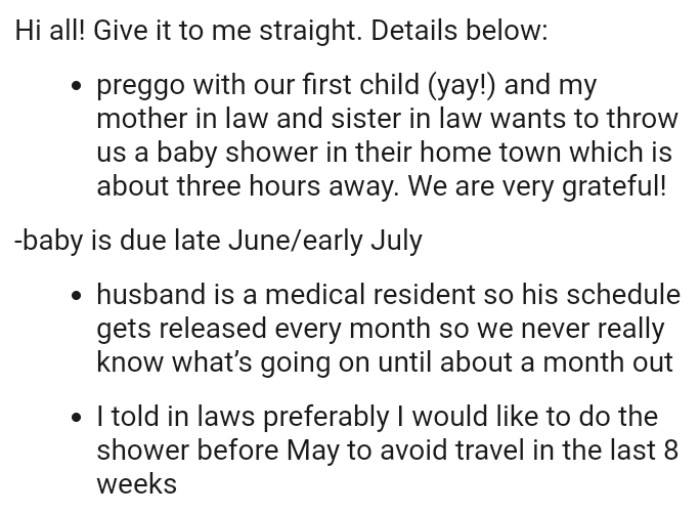 The OP's mother-in-law and sister-in-law want to throw her a baby shower in their hometown