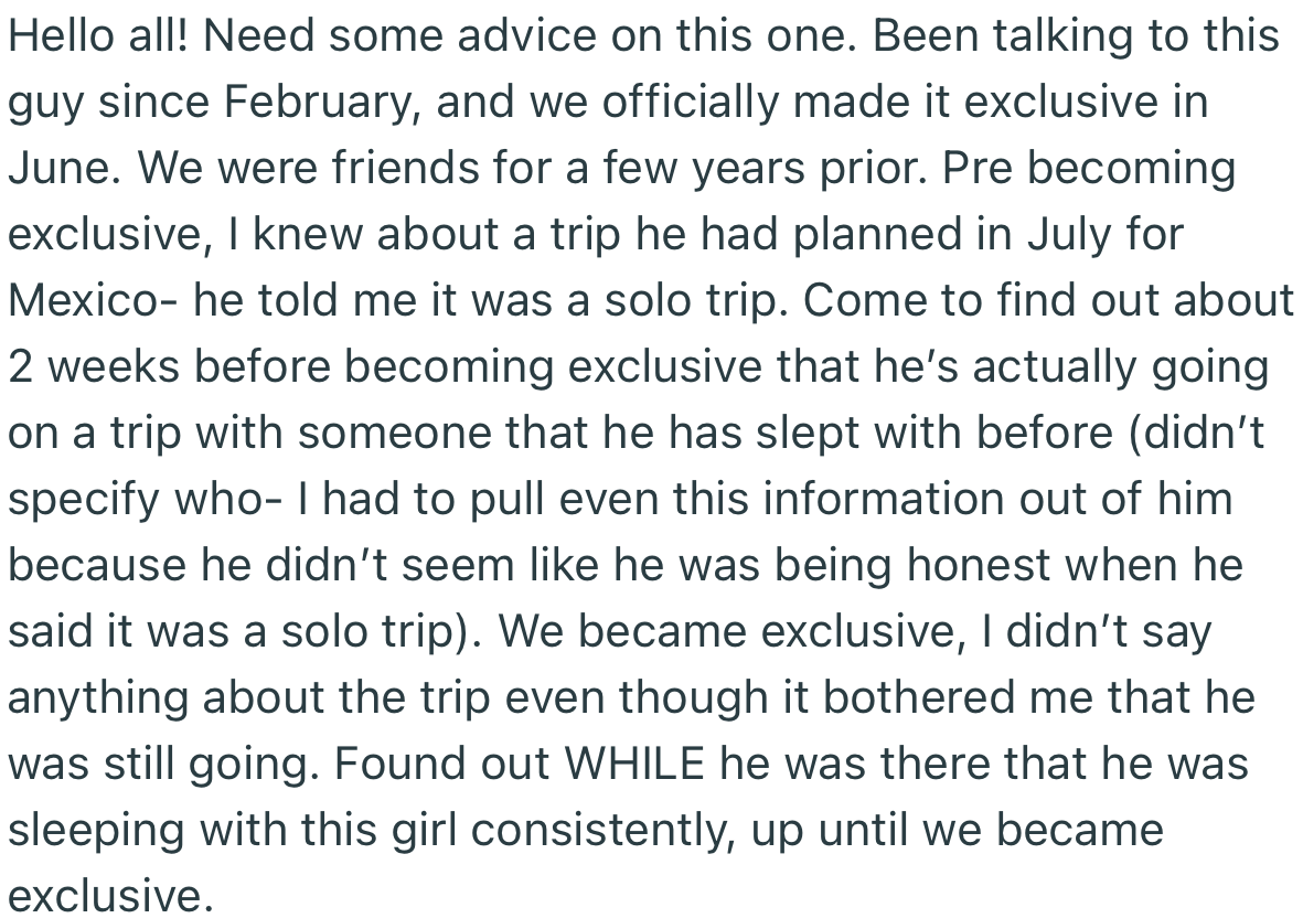 OP discovered that her partner went on a trip with his ex friend-with-benefits and lied about it