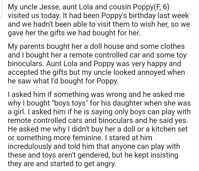 OP's uncle wasn't happy that they bought his daughter 'boys toys' instead of something more feminine