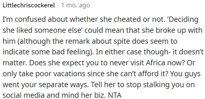 OP and his ex have moved on, so OP should ask her to stop following him on social media and focus on her own life.