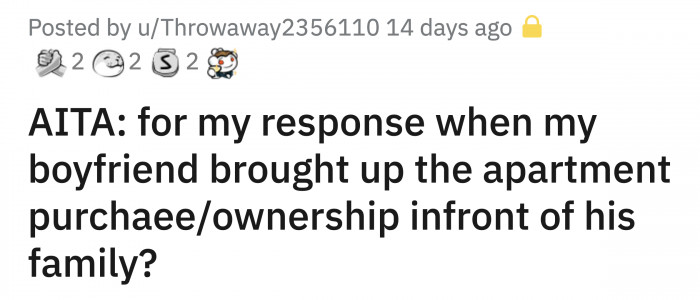 Adam freaked out when OP said she will finally buy the apartment she wanted this year