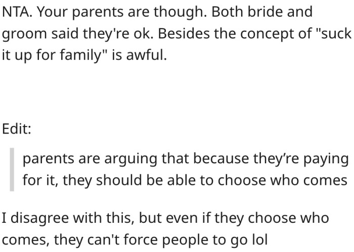 1. His parents may decide who attends but can't force people to come.