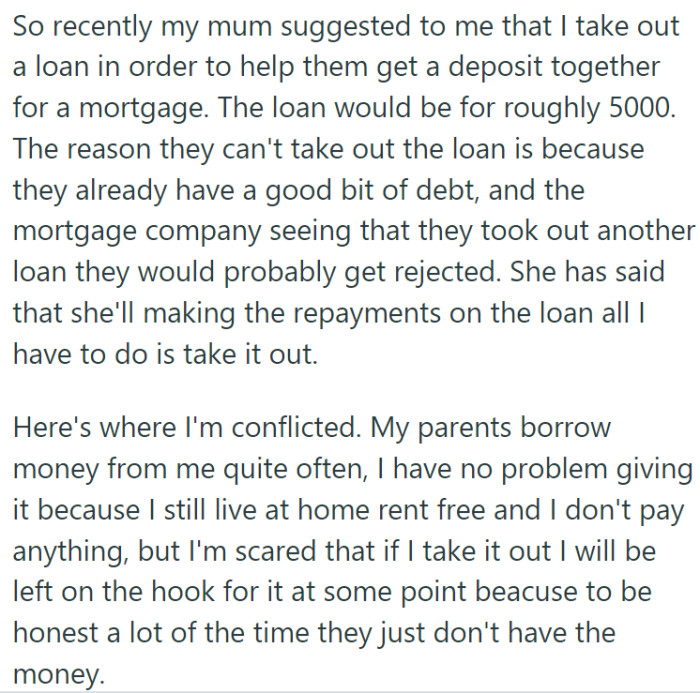 Parents asked OP to take out a $5,000 loan to help them with mortgage payments