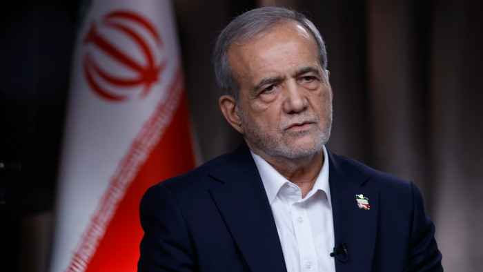 Iranian leader addressing conflict narrative, highlighting Israel and US military cooperation against Iran