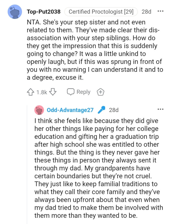 They've made clear their disassociation with the OP's step siblings