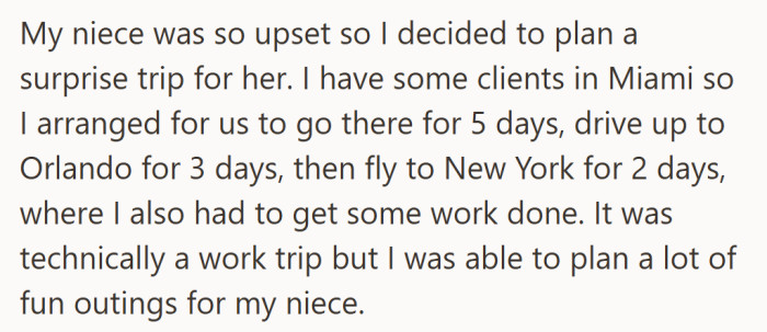 Heartbroken, the aunt decided to turn her work trip into something magical—a surprise vacation just for her niece.